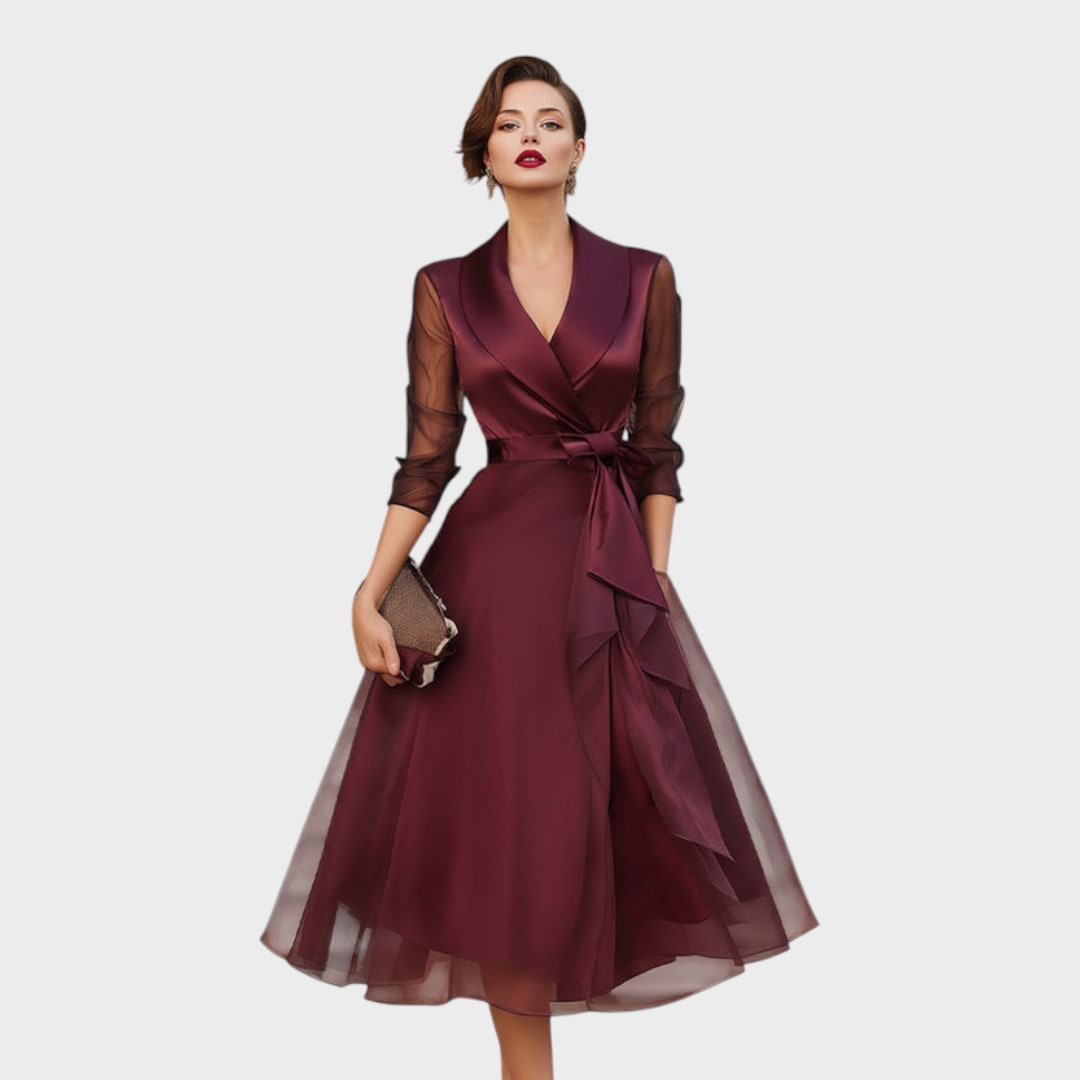 Élégante robe de cocktail bordeaux avec col et ceinture à la taille 5