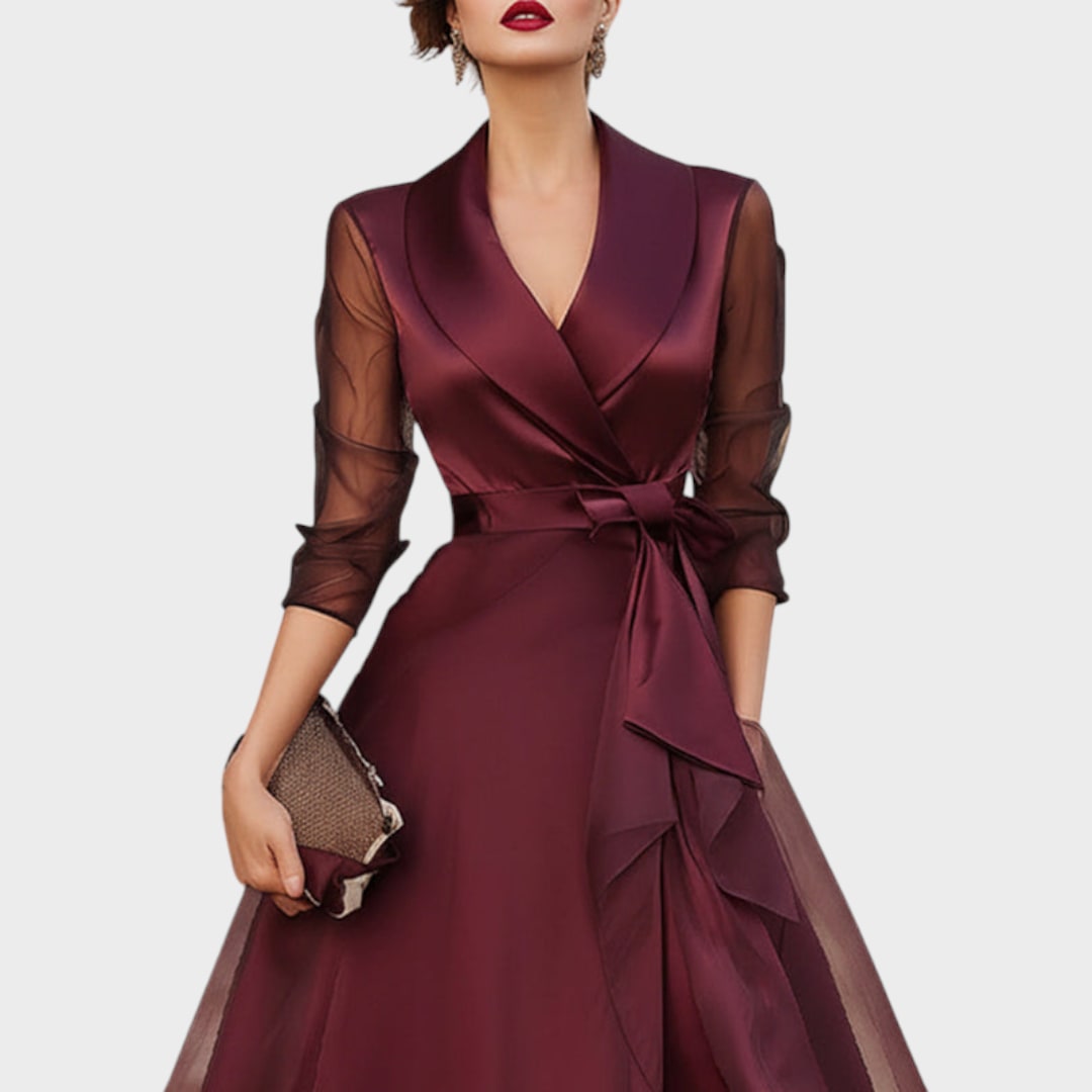 Élégante robe de cocktail bordeaux avec col et ceinture à la taille 6