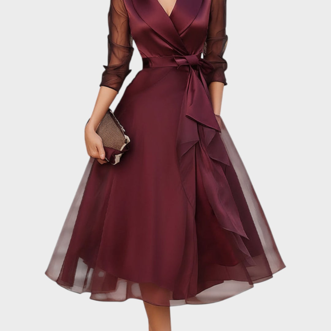 Élégante robe de cocktail bordeaux avec col et ceinture à la taille 7