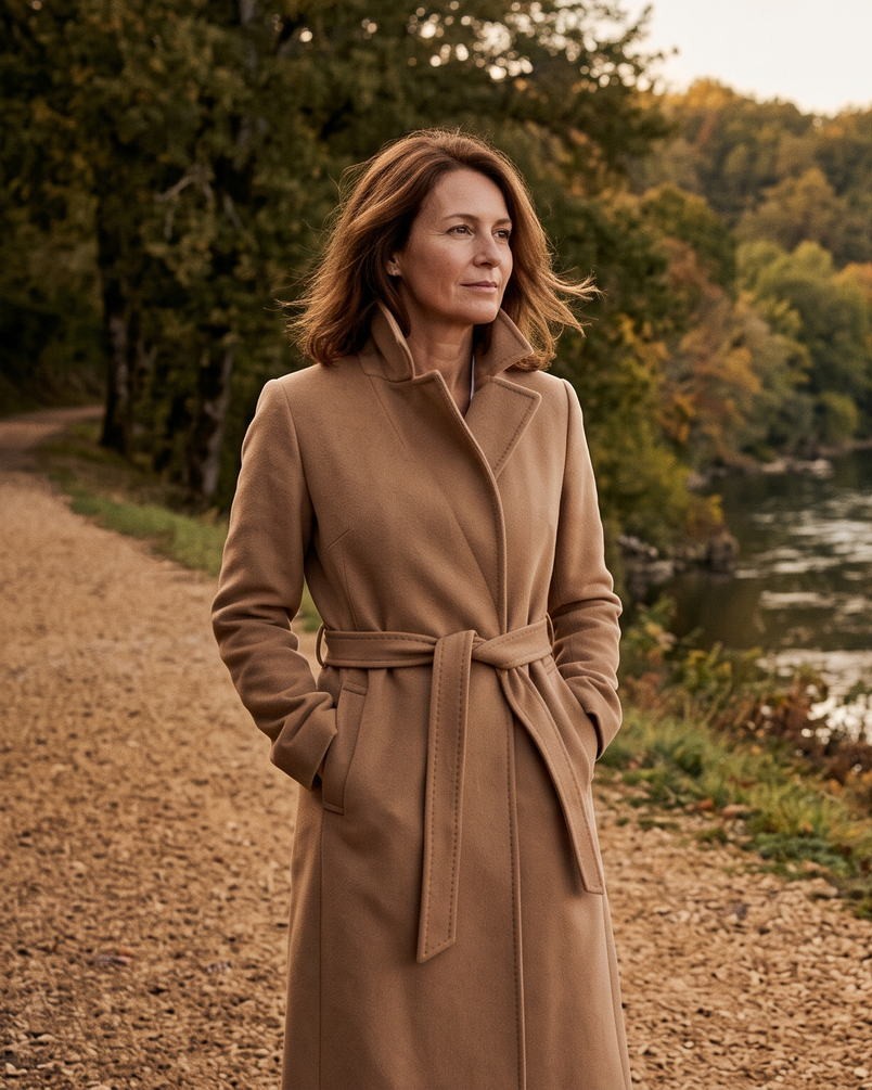 Femme en manteau camel ceinturé au bord d'une rivière