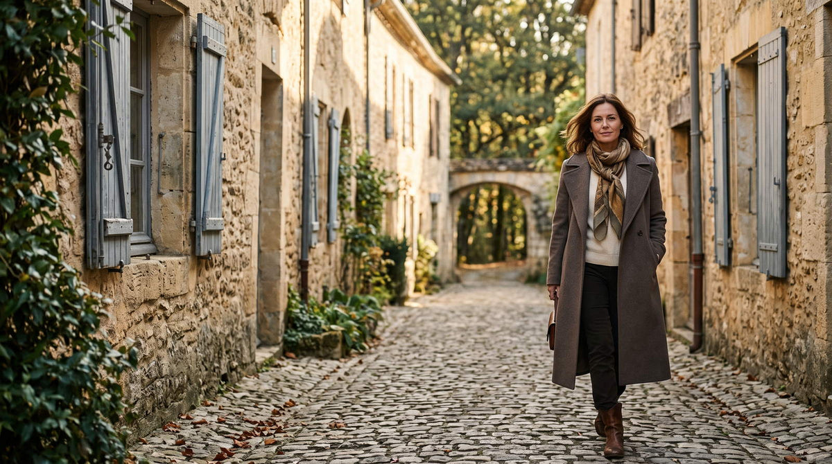 Femme en long manteau gris et écharpe dans une ruelle pavée d'un village de pierre