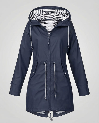 Imperméable à capuche doublure rayée, coloris bleu marine