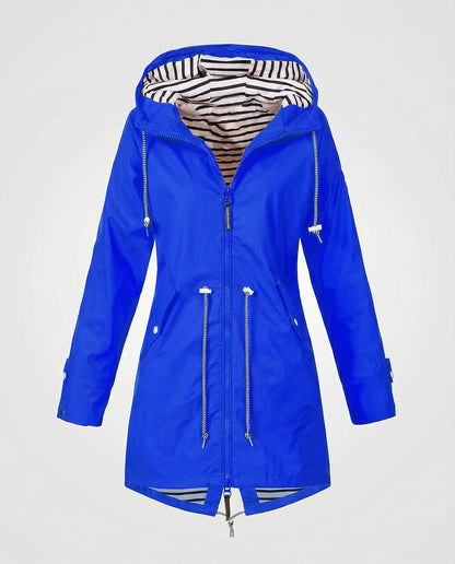 Imperméable à capuche doublure rayée, coloris bleu