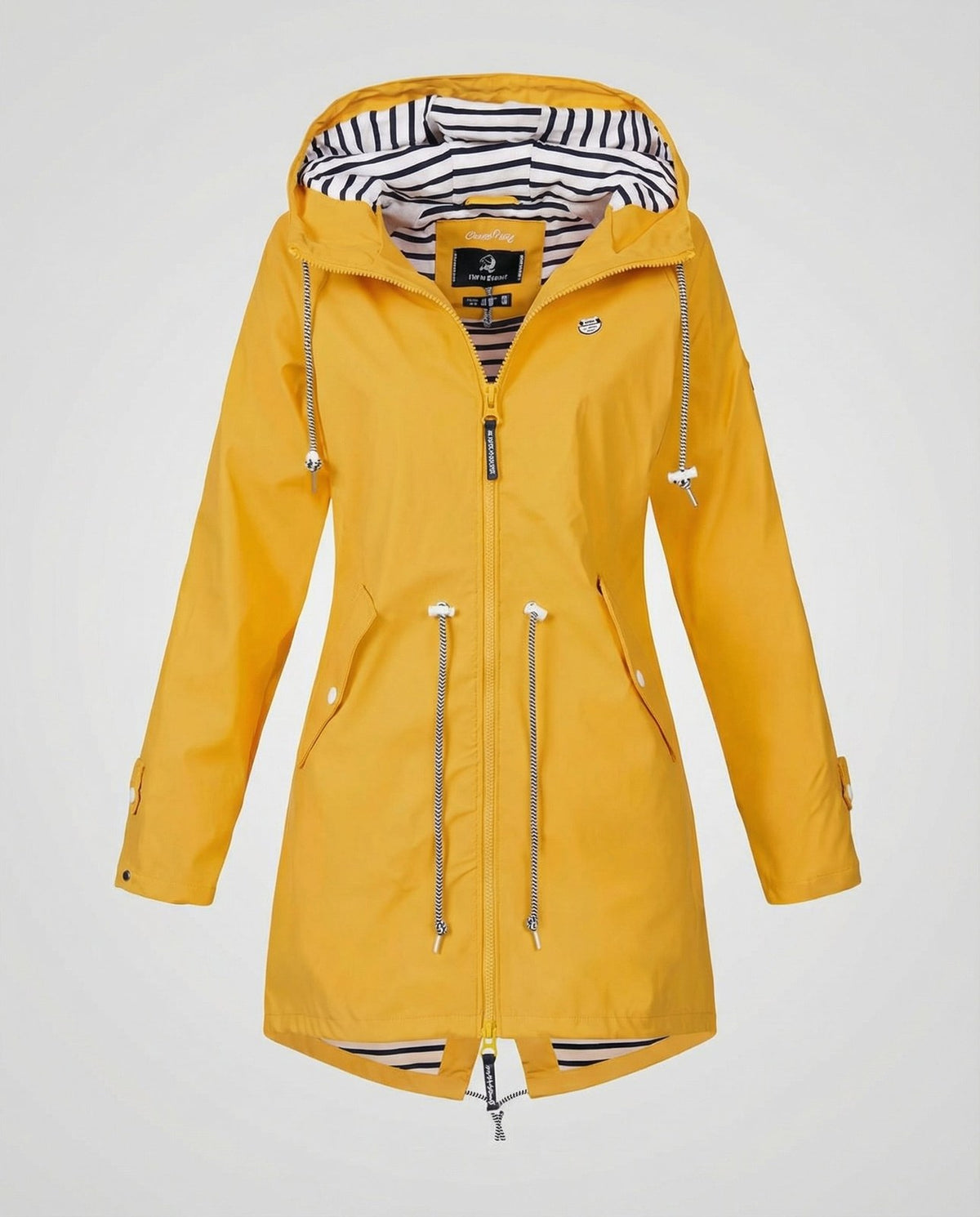 Imperméable à capuche doublure rayée, coloris jaune