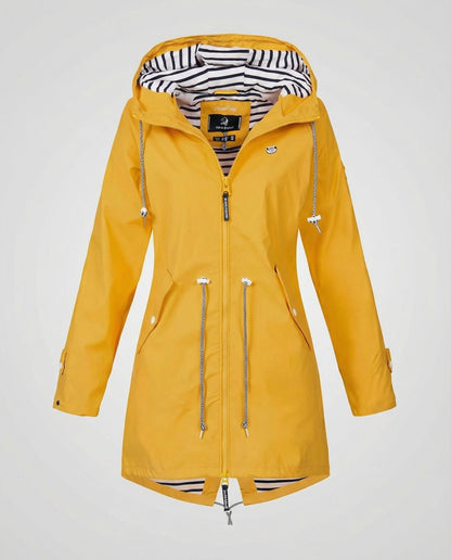 Imperméable à capuche doublure rayée, coloris jaune