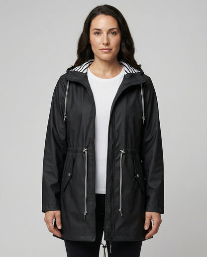 Imperméable à capuche doublure rayée, coloris noir, vue de face