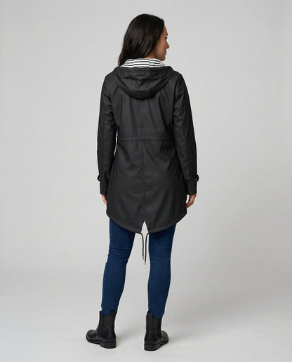 Imperméable à capuche doublure rayée, coloris noir, vue de dos
