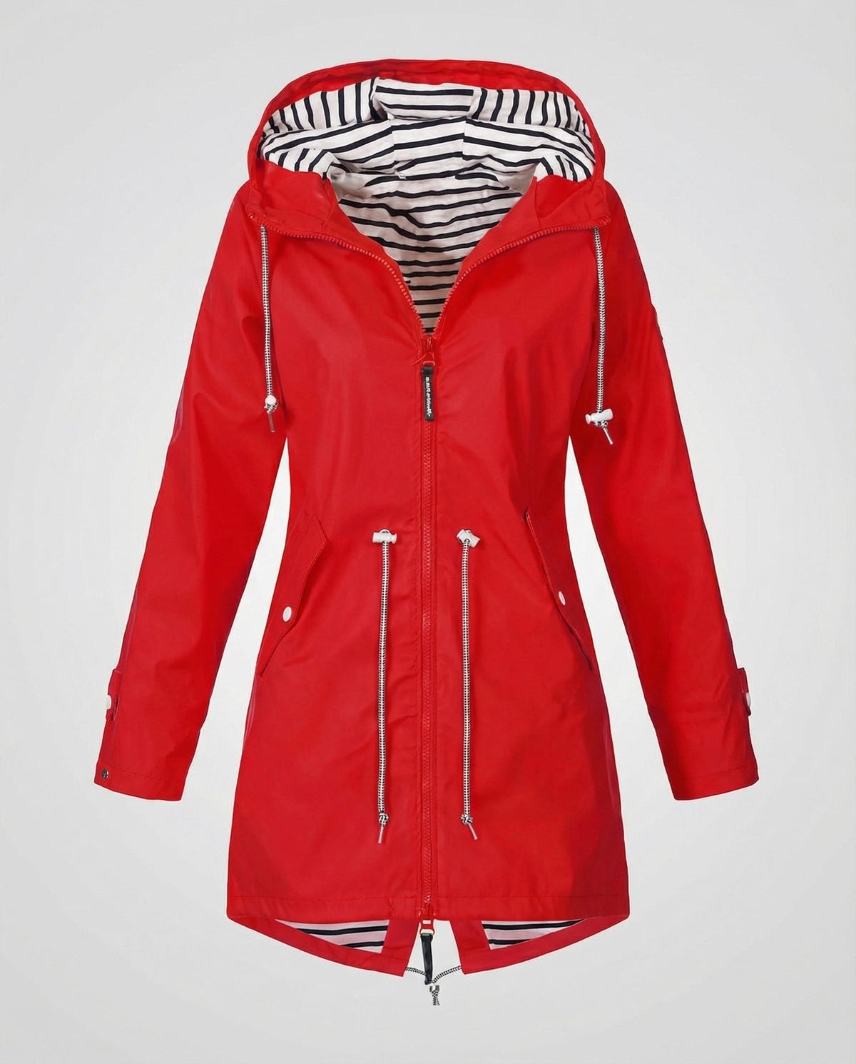 Imperméable à capuche doublure rayée, coloris rouge