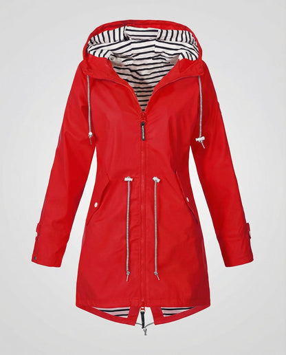 Imperméable à capuche doublure rayée, coloris rouge