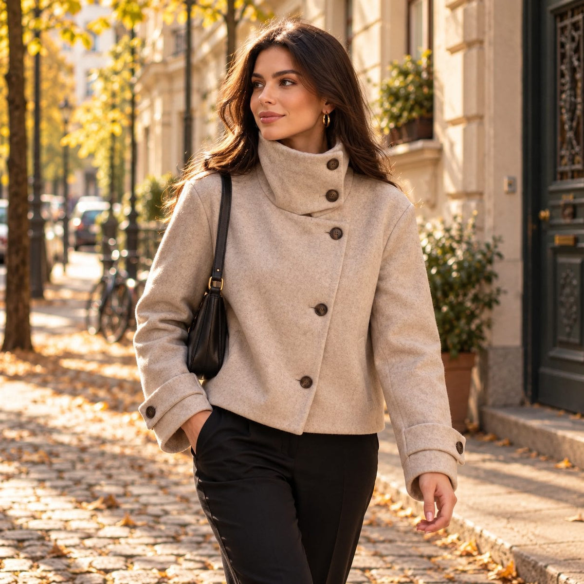 Manteau court femme effet laine avec col montant et boutonnage 1
