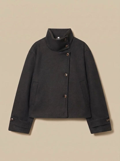 Manteau court femme effet laine avec col montant et boutonnage 5