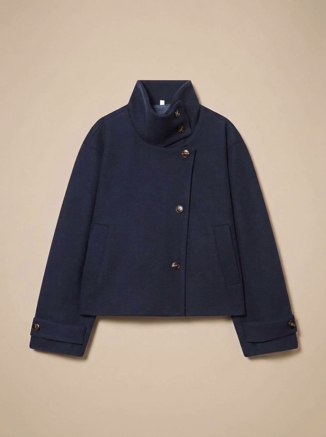 Manteau court femme effet laine avec col montant et boutonnage 6