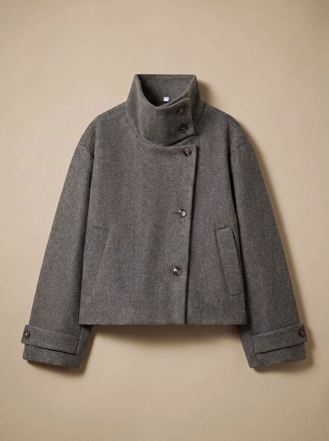 Manteau court femme effet laine avec col montant et boutonnage 7