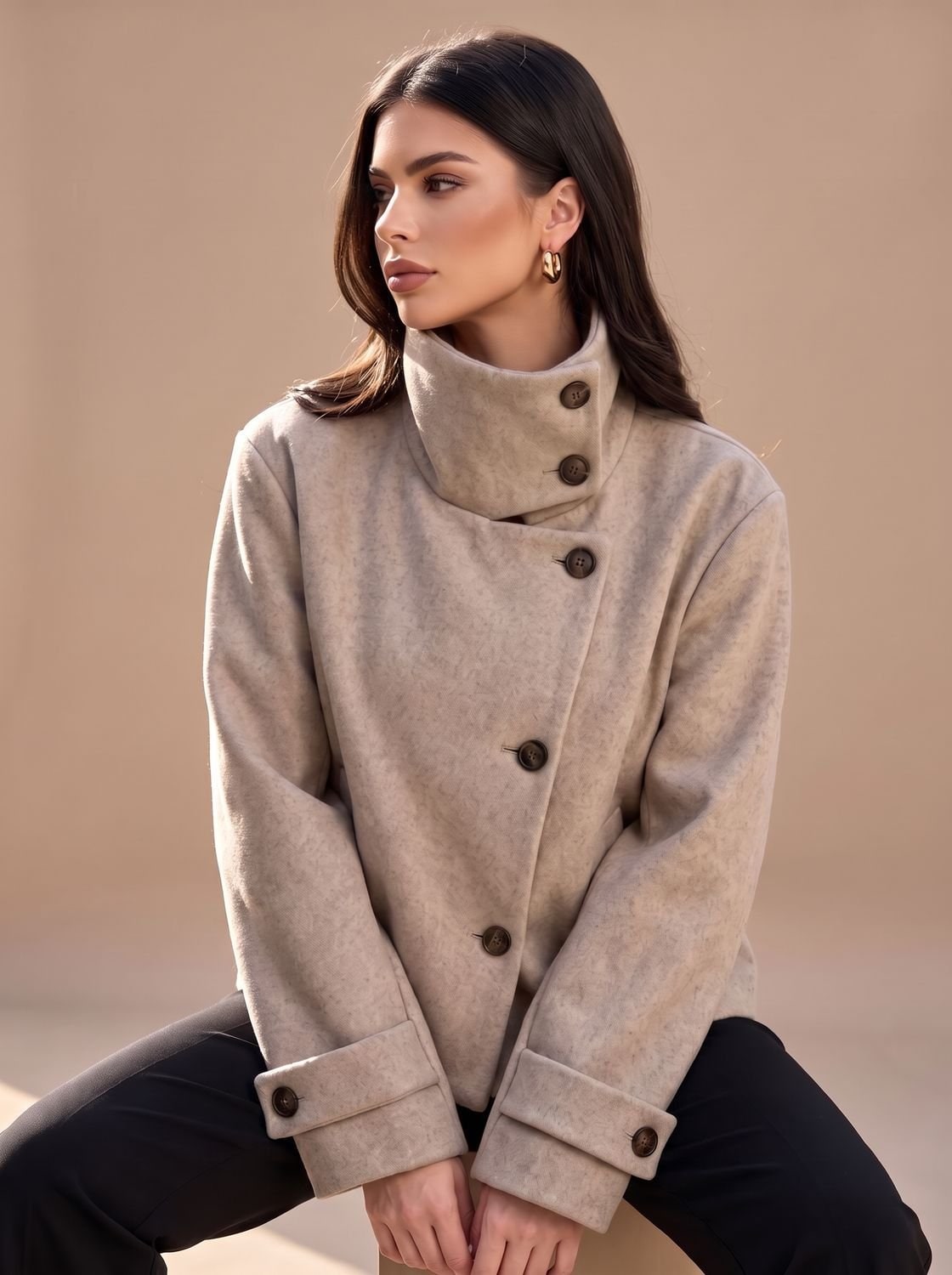 Manteau court femme effet laine avec col montant et boutonnage 2