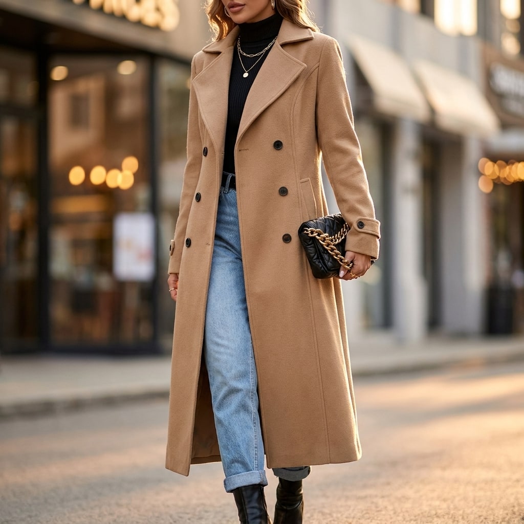 Manteau croisé effet laine à revers cranté et coupe cintrée 2