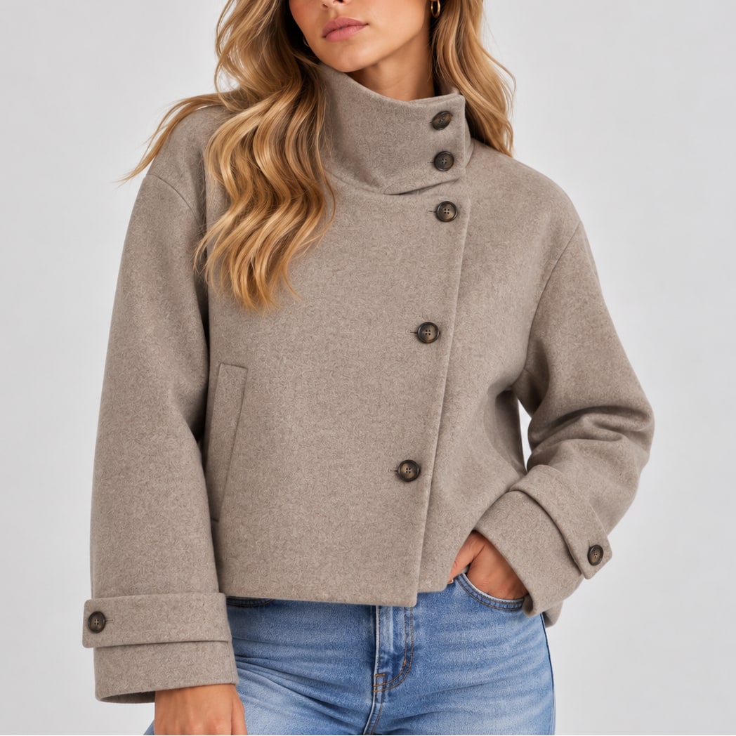 Elsa manteau femme col montant veste courte effet laine beige