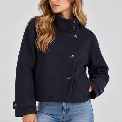 Elsa manteau femme col montant effet laine bleu marine