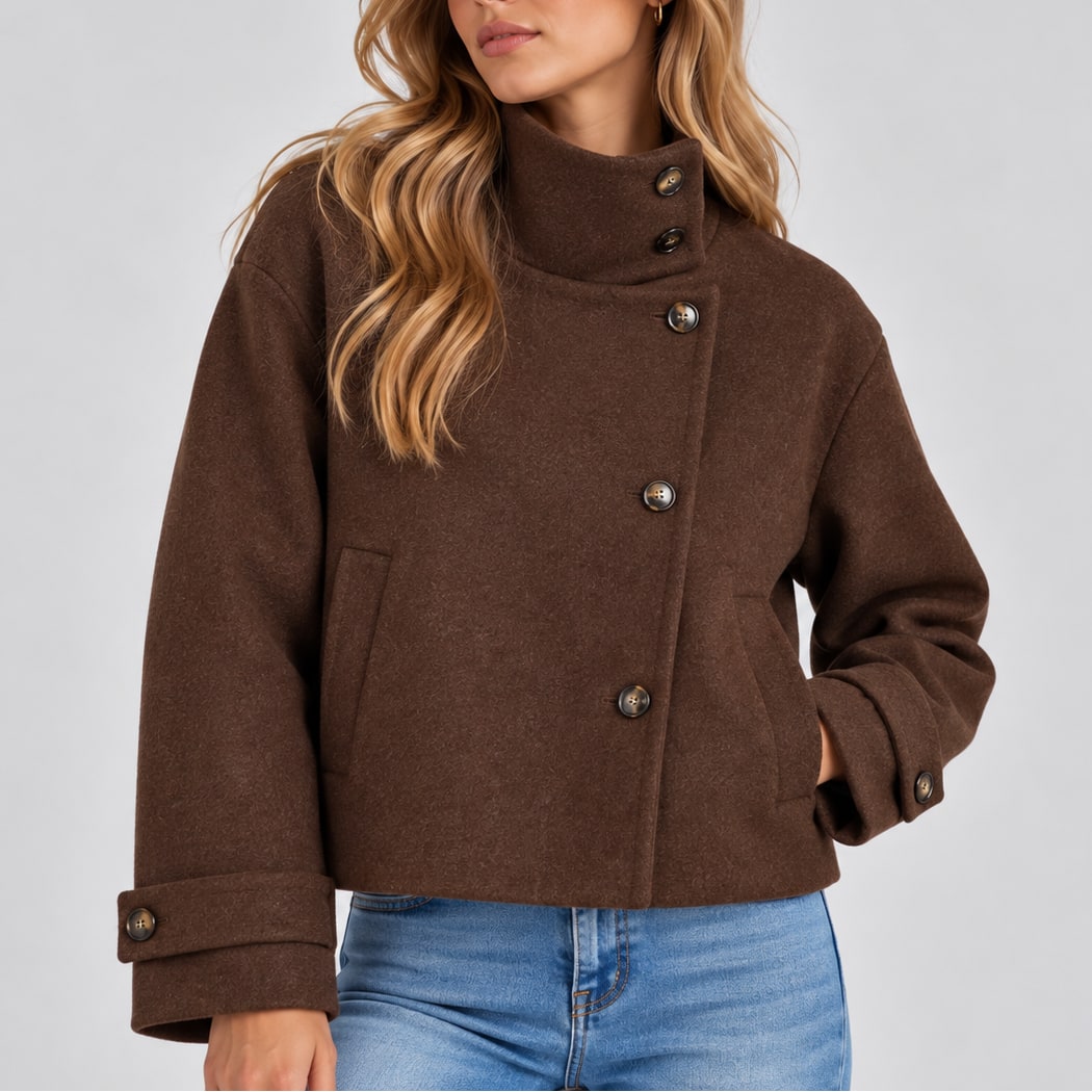 Elsa manteau femme col montant effet laine marron