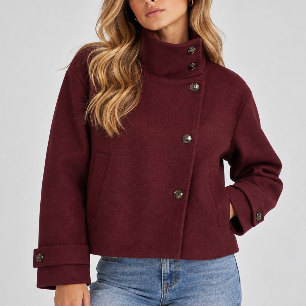Elsa manteau femme col montant effet laine rouge bordeaux