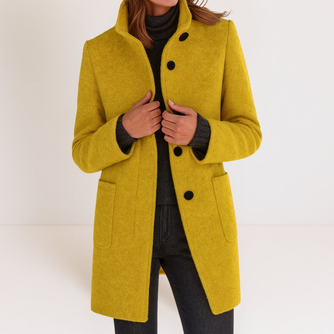 Manteau femme effet laine jaune à col montant et poches