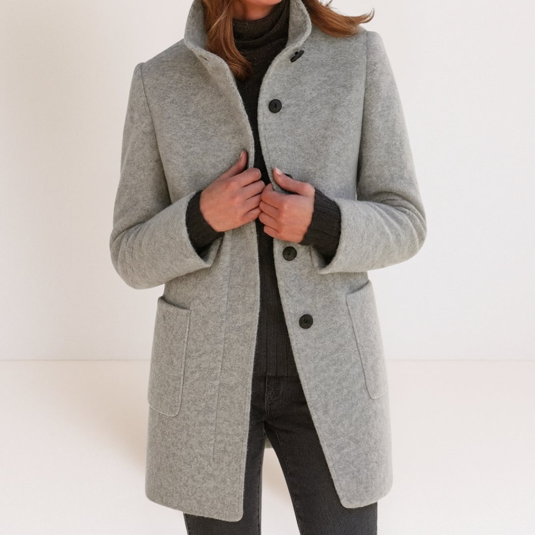 Manteau femme élégant effet laine, col montant et coupe droite 3
