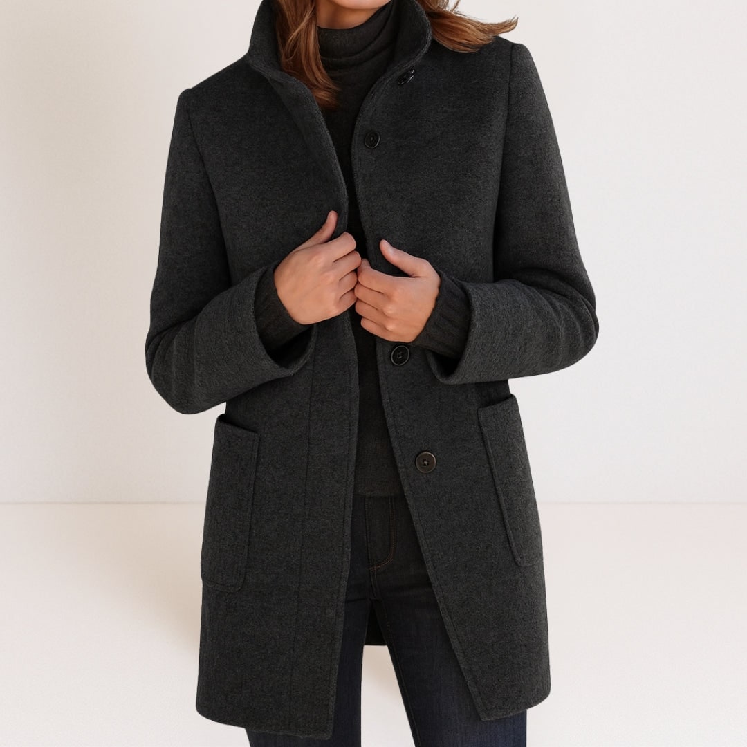 Manteau femme élégant effet laine, col montant et coupe droite 4