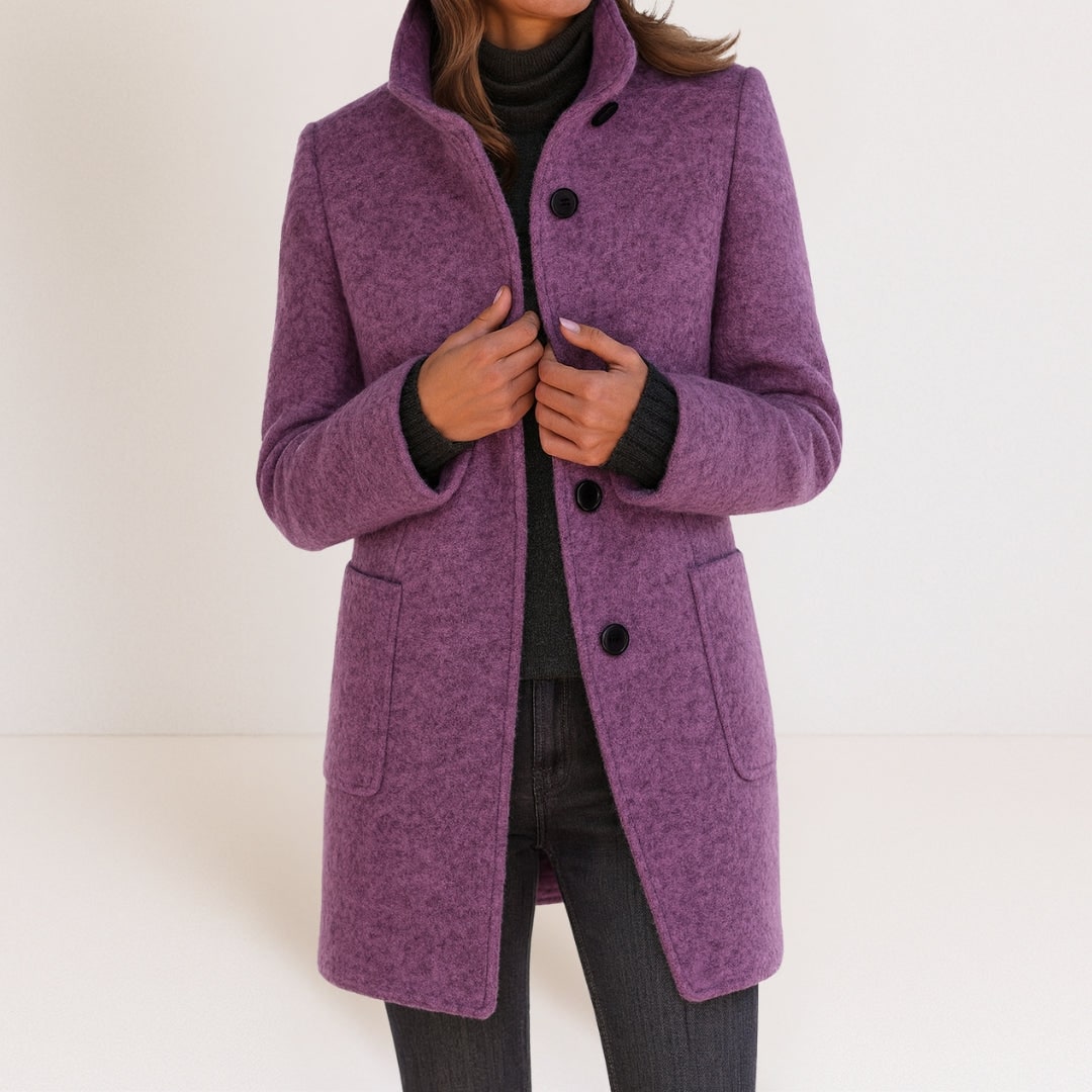 Manteau femme élégant effet laine, col montant et coupe droite 6