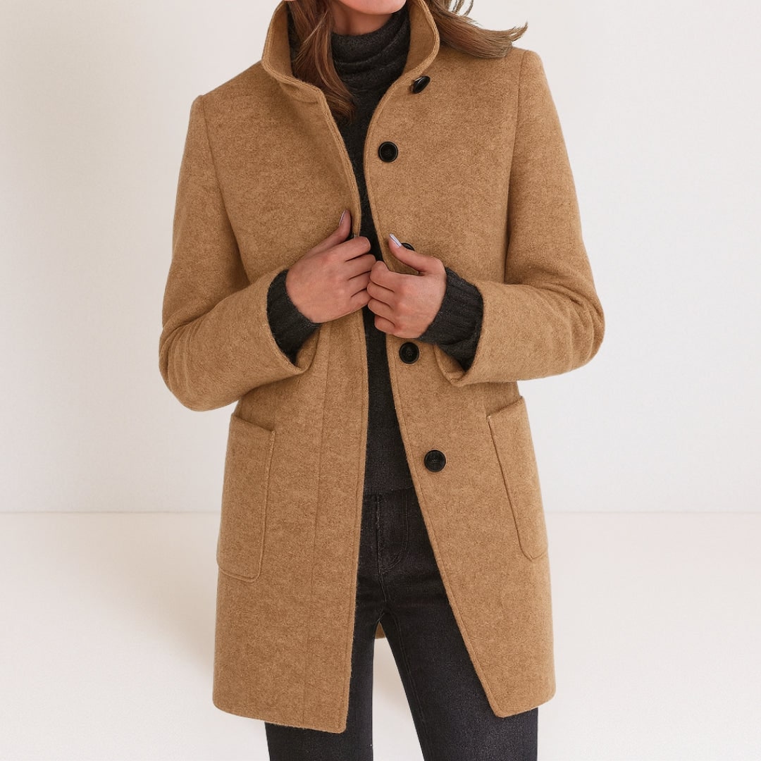 Manteau femme élégant effet laine, col montant et coupe droite 8