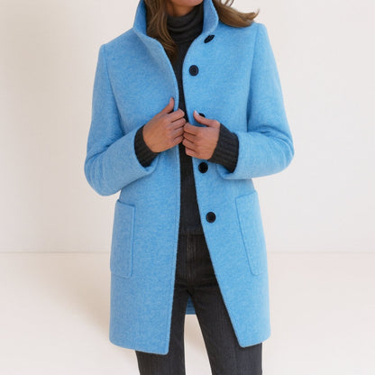 Manteau femme élégant effet laine, col montant et coupe droite 10