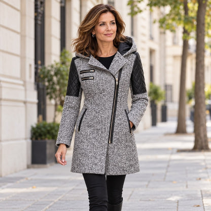 Manteau d'hiver femme effet tweed à capuche, épaules matelassées et zip asymétrique 1