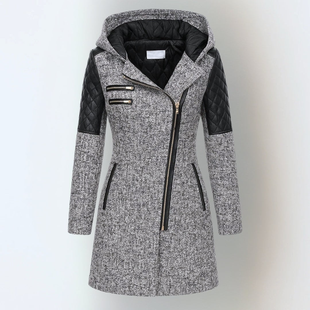 Manteau d'hiver femme effet tweed à capuche, épaules matelassées et zip asymétrique 6