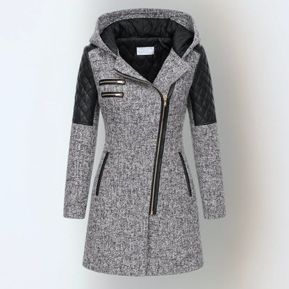 Manteau d'hiver femme effet tweed à capuche, épaules matelassées et zip asymétrique 6