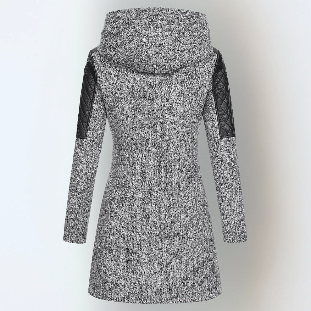 Manteau d'hiver femme effet tweed à capuche, épaules matelassées et zip asymétrique 7