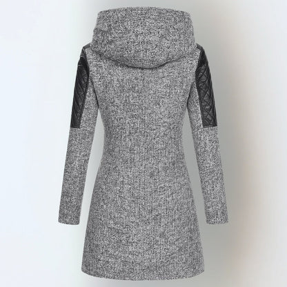 Manteau d'hiver femme effet tweed à capuche, épaules matelassées et zip asymétrique 7