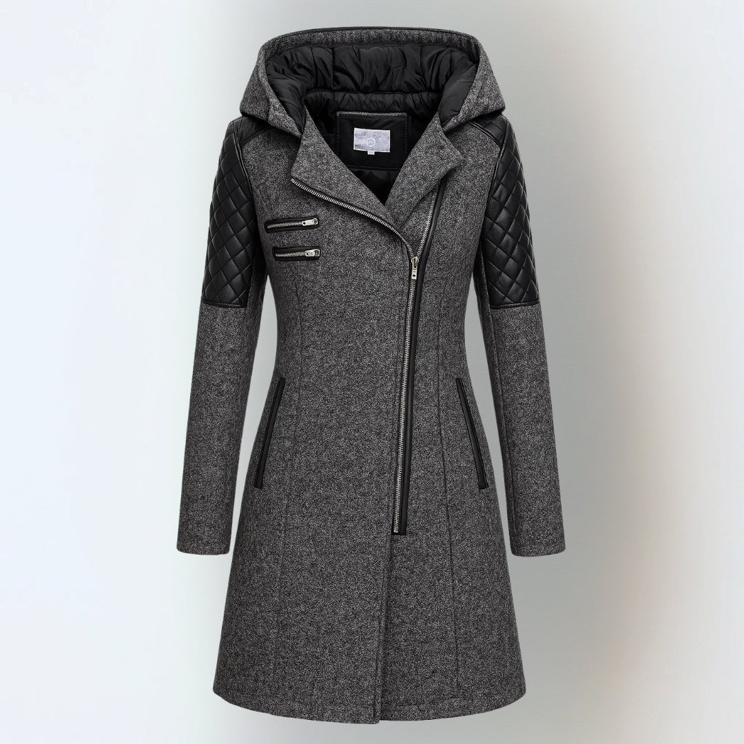 Manteau d'hiver femme effet tweed à capuche, épaules matelassées et zip asymétrique 9
