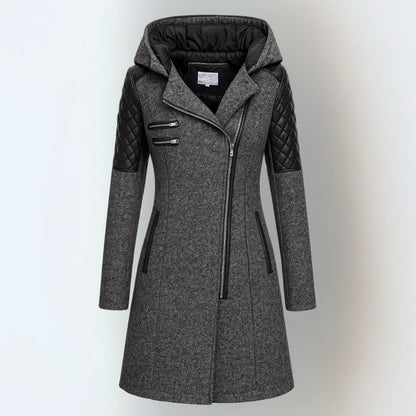 Manteau d'hiver femme effet tweed à capuche, épaules matelassées et zip asymétrique 9