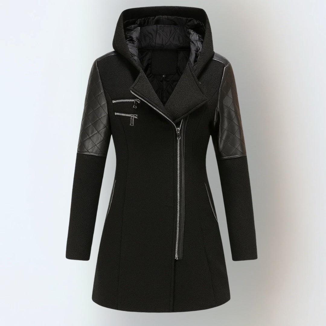 Manteau d'hiver femme effet tweed à capuche, épaules matelassées et zip asymétrique 10