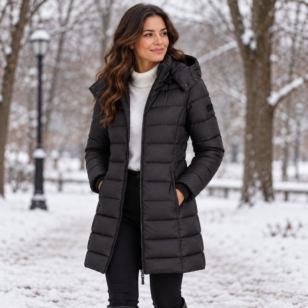 Manteau d'hiver long matelassé à capuche pour femme 8