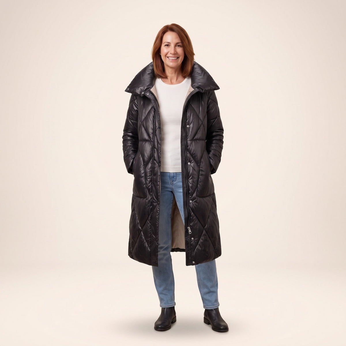 Manteau long matelassé femme noir à grand col et poches