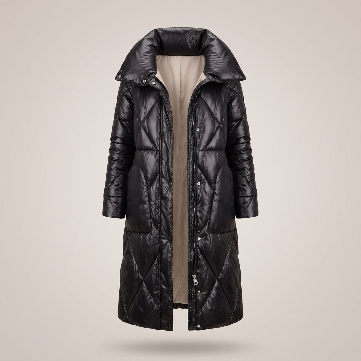 Manteau long matelassé femme noir à grand col