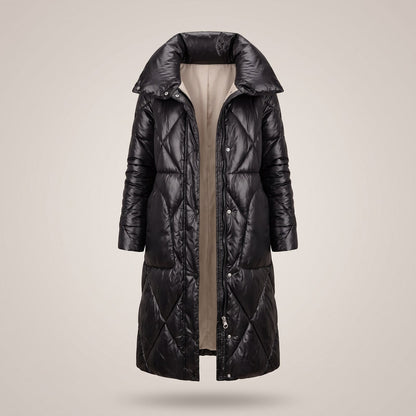 Manteau long matelassé femme noir à grand col