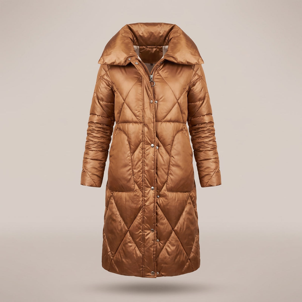 Manteau long matelassé femme cognac à grand col