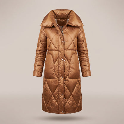 Manteau long matelassé femme cognac à grand col