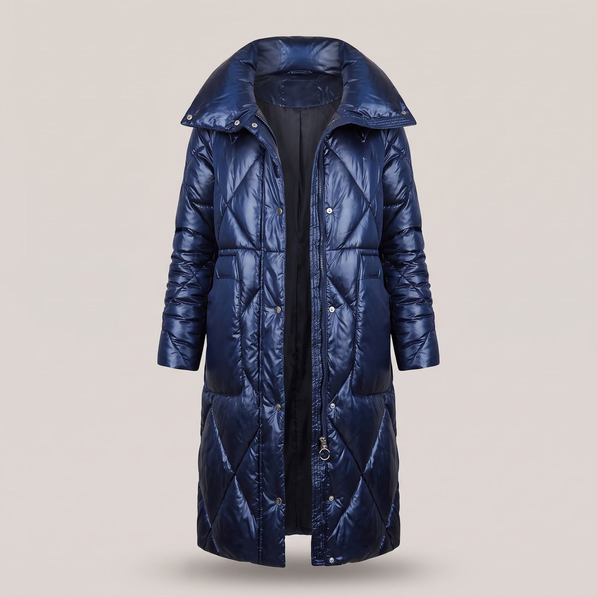 Manteau long matelassé femme bleu marine à grand col