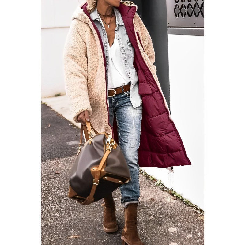 Manteau long réversible doublé teddy, côté teddy
