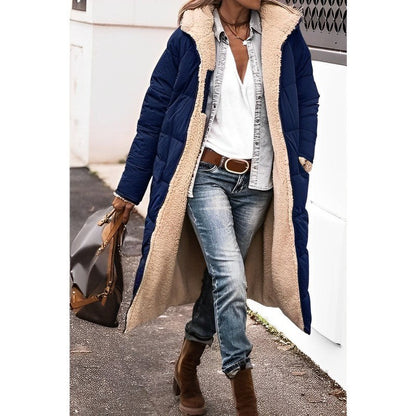 Manteau long réversible doublé teddy, coloris bleu marine
