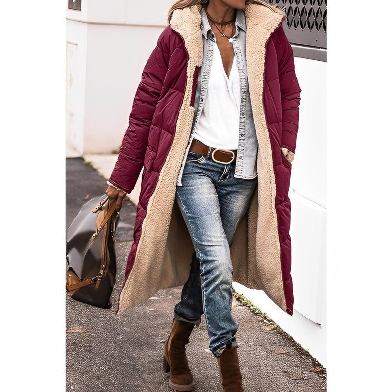 Manteau long réversible doublé teddy, coloris bordeaux