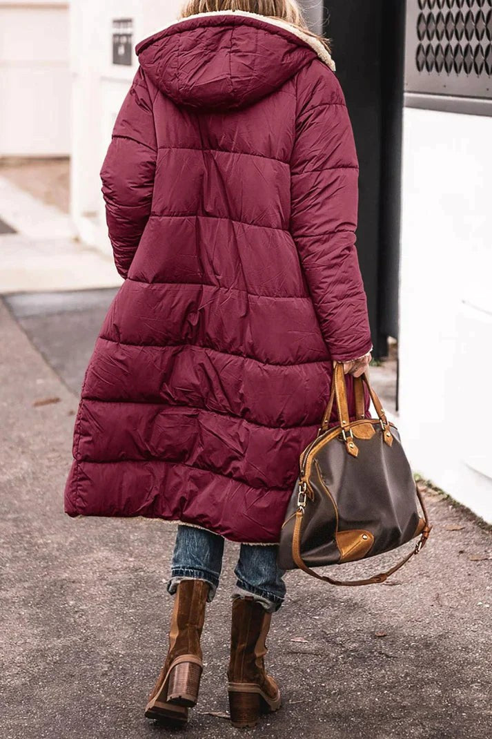 Manteau long réversible doublé teddy, coloris bordeaux, vue de dos