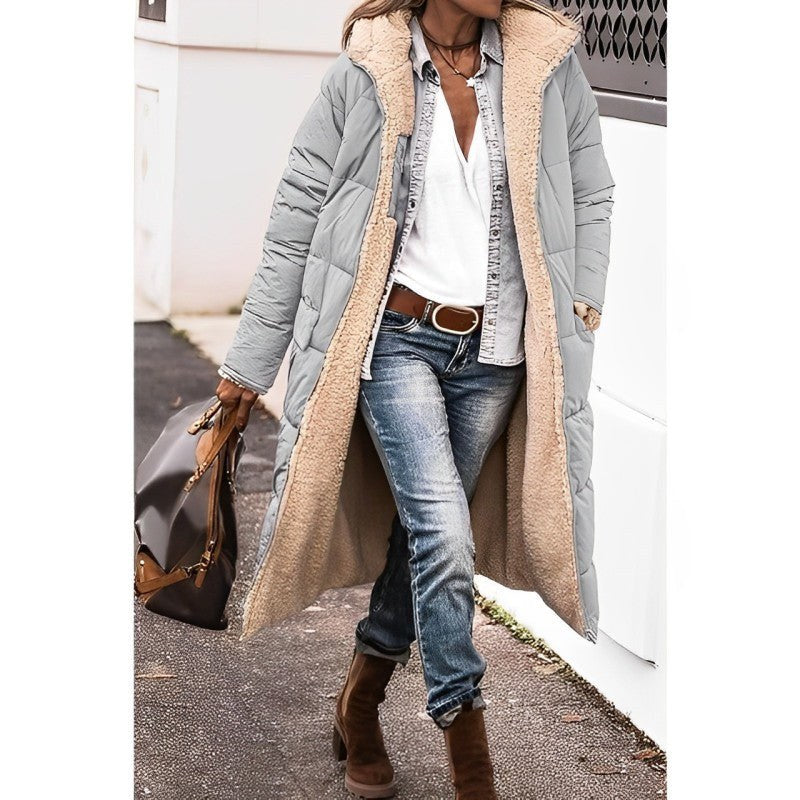 Manteau long réversible doublé teddy, coloris gris