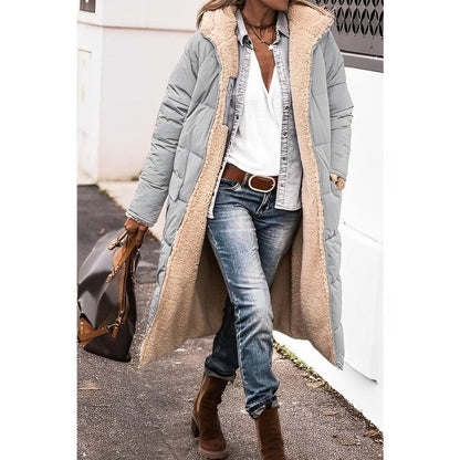 Manteau long réversible doublé teddy, coloris gris